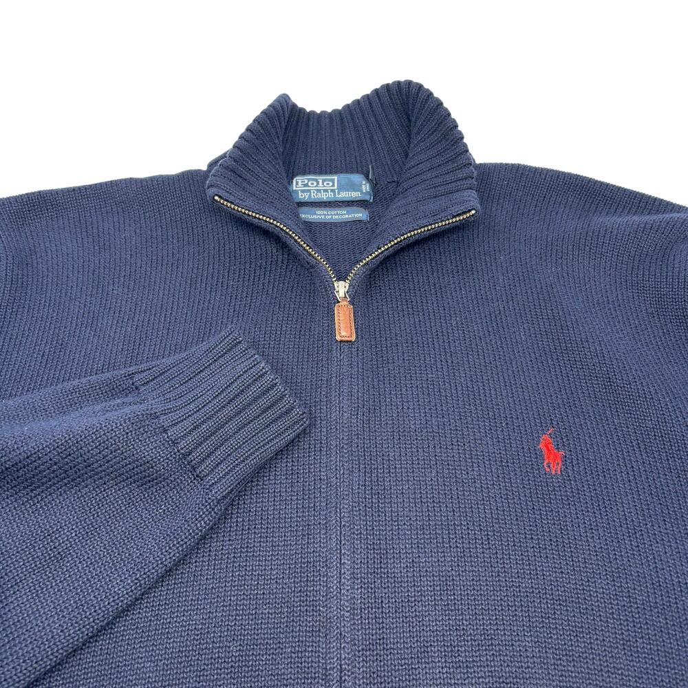 Polo Ralph Lauren Mens 2XL Navy Blue Full Zip Thick Knit‎ Sweater Jacket